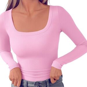 Ribbed Long Sleeve Tee With Square Neck